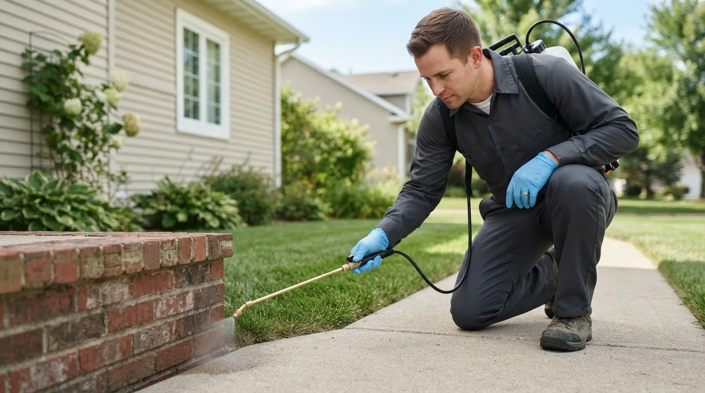 Pest control technician treating a home near Saint Marys, IA