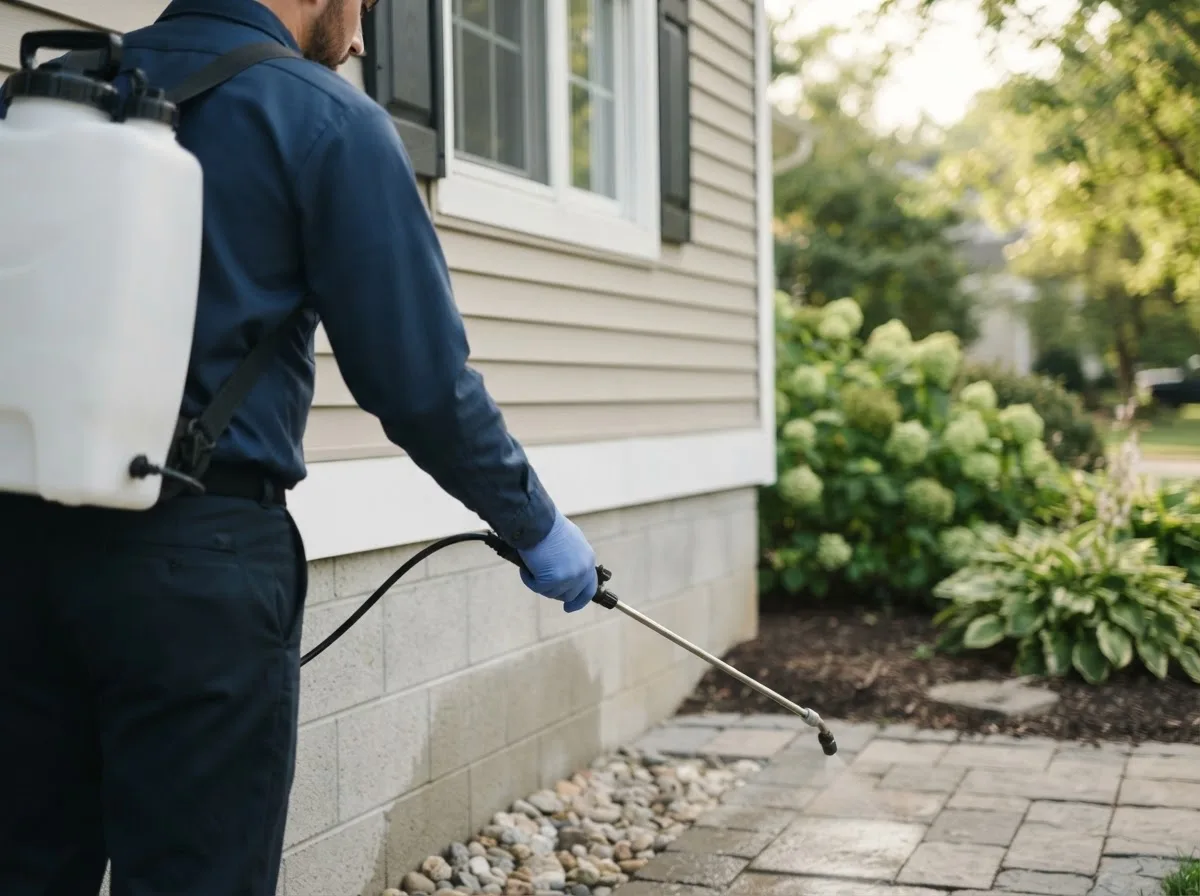 Pest control technician inspecting a home in Saint Marys, IA